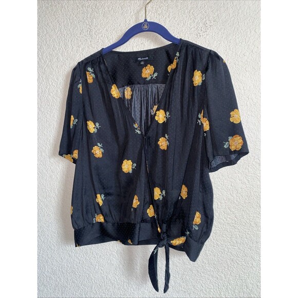 Madewell Womens Satin Floral Blouse Polka Dot Cottage Spring Tie Snap Cottage L - Picture 1 of 9